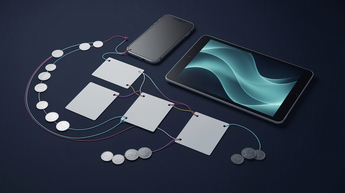 Overhead table with plain devices, connected blank cards, and coin-like objects arranged in paths.