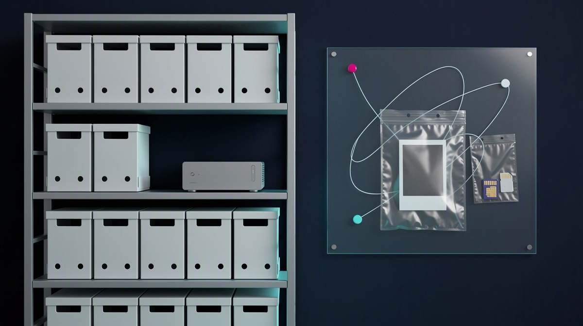 Orderly archive room with blank boxes, sealed sleeves, and abstract linking lines on glass.