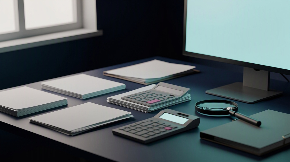 Analyst desk with blank documents, magnifying glass, and a softly glowing monitor in daylight.