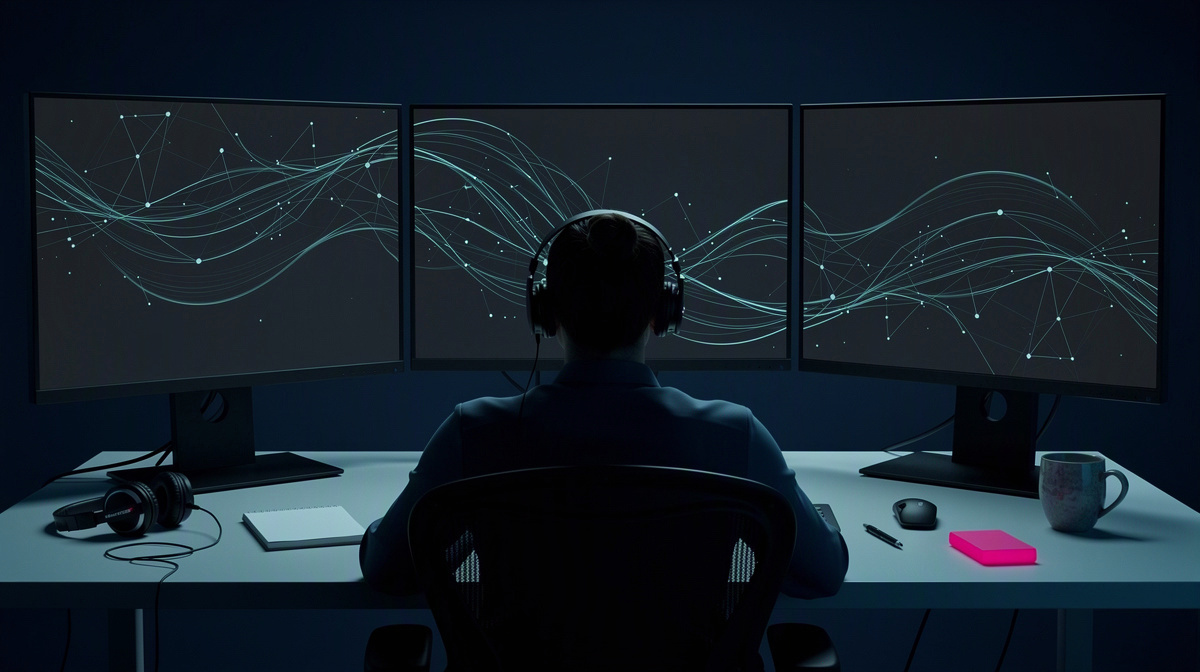 Operations room with analysts watching abstract glowing patterns on dark monitors