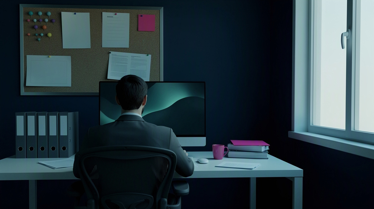 Analyst at a desk with abstract screen glow and neatly arranged blank folders