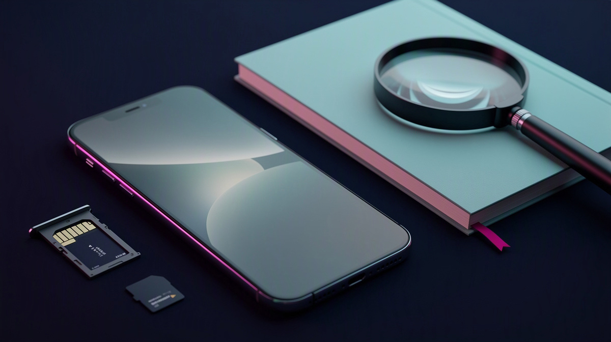 Close view of a plain phone, storage parts, and a magnifier on a neutral desk.