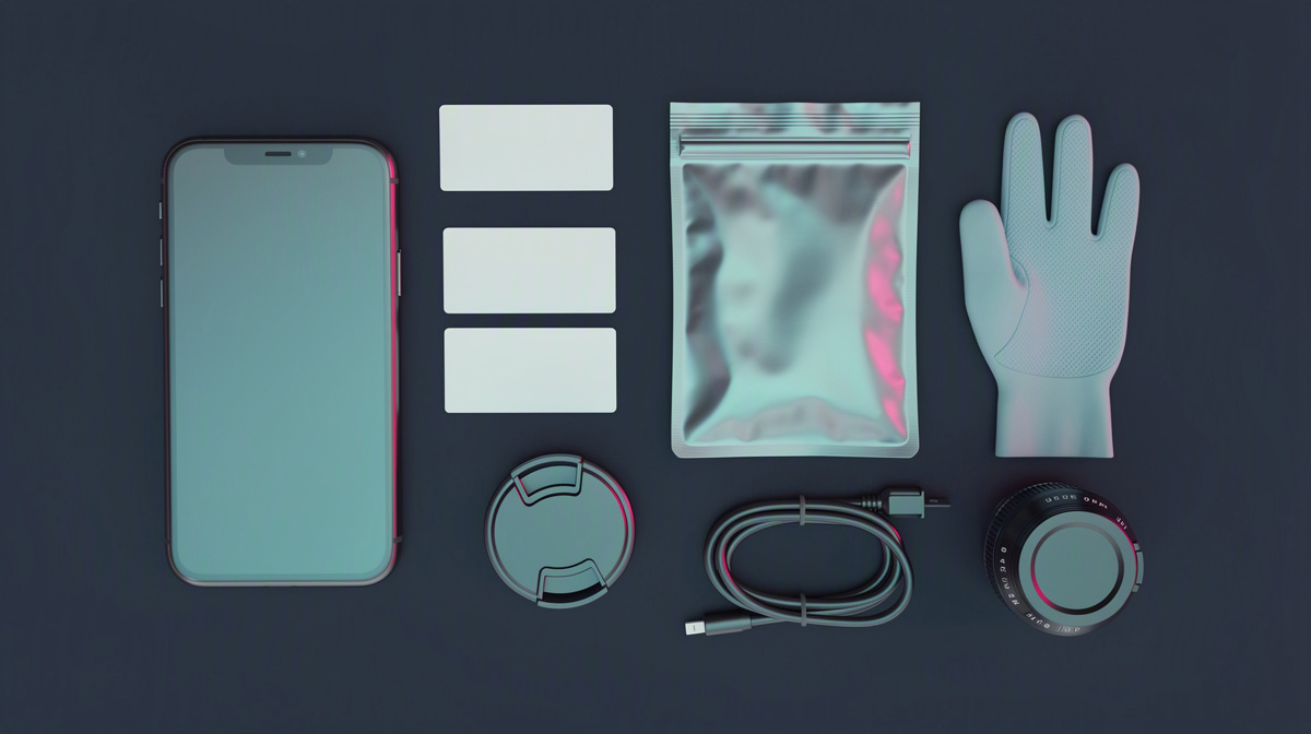 Top-down view of a phone and blank evidence tools arranged for careful preservation.