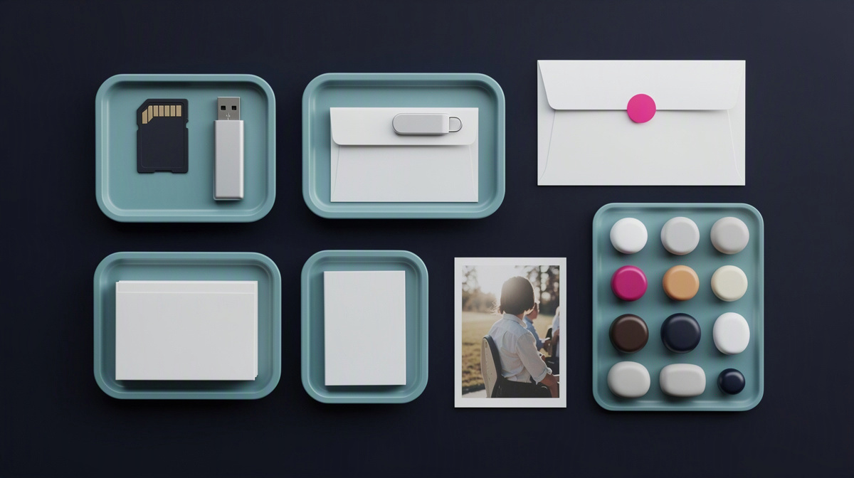Grouped objects on a bright workbench, showing strong and weak visual connections.