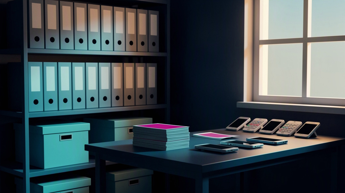 Archival room with blank binders, stacked photos, and phones arranged to suggest message history over time.