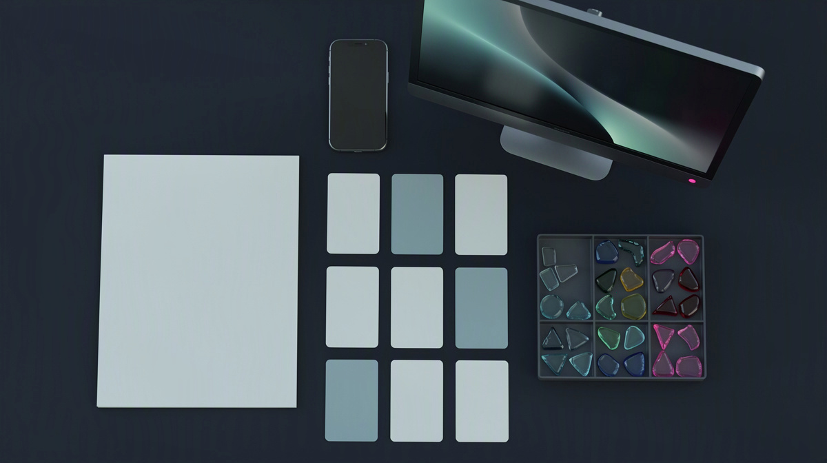 Top-down desk with blank cards, phone, notepad, and sorted glass pieces.