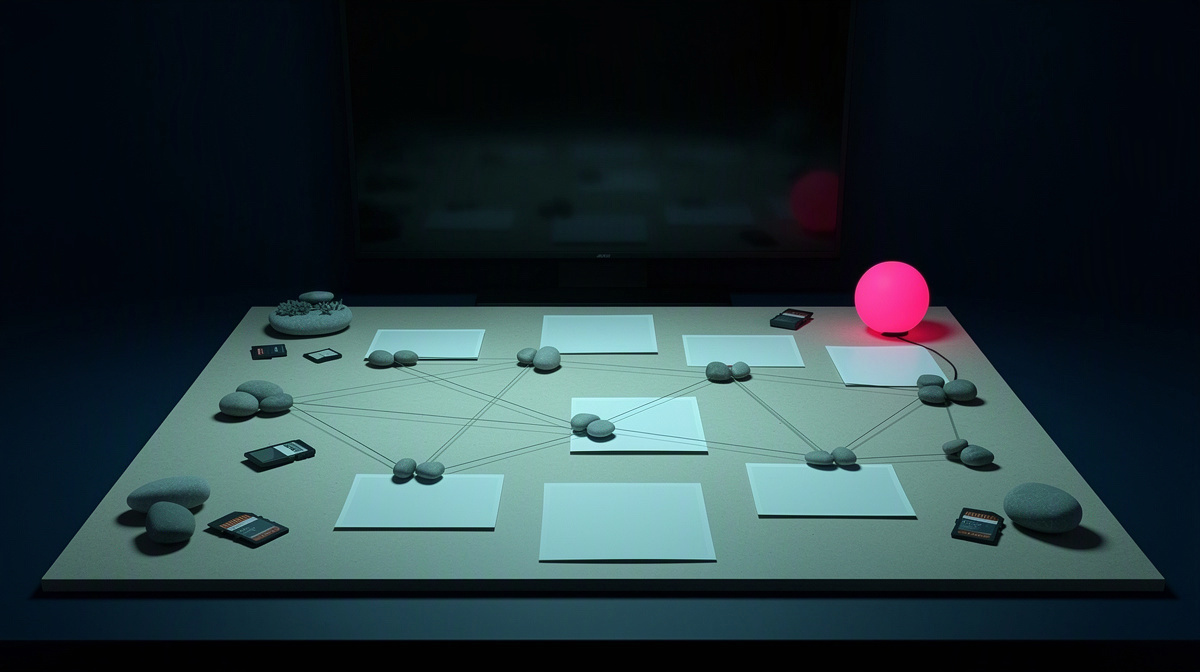 Blank photos and objects connected in clusters on a neutral board.