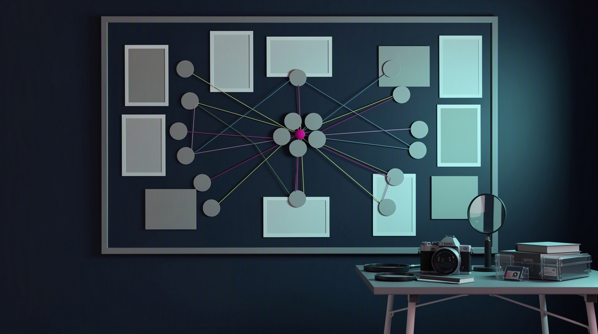 Investigation board linking several clusters of evidence toward one central group