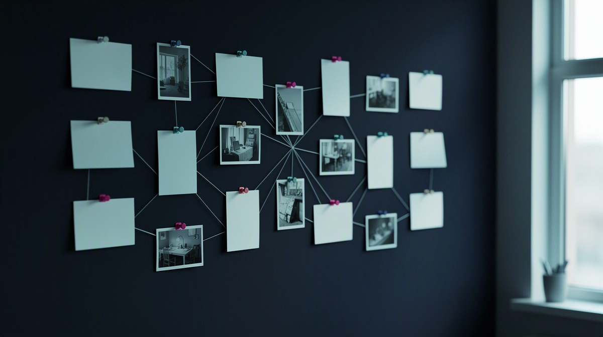 Blank cards and photos linked by thread on a quiet wall, forming clustered patterns.