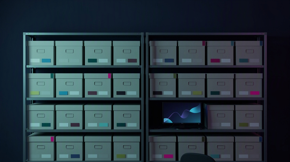 Orderly archive shelves and a dark glowing monitor in a calm, structured room.