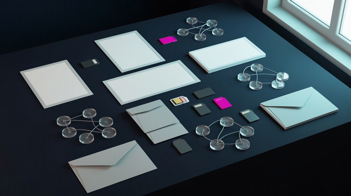 Overhead table scene with blank items grouped into linked clusters by thin string.