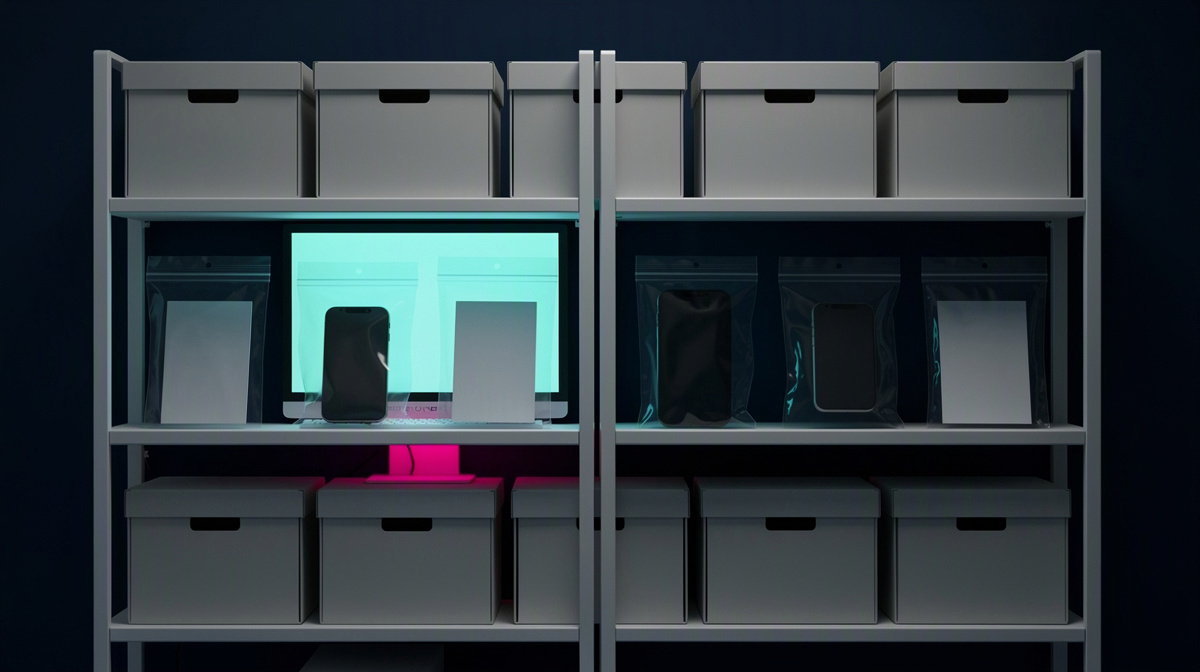 Orderly archive shelves with sealed sleeves, blank prints, and a softly glowing dark monitor.