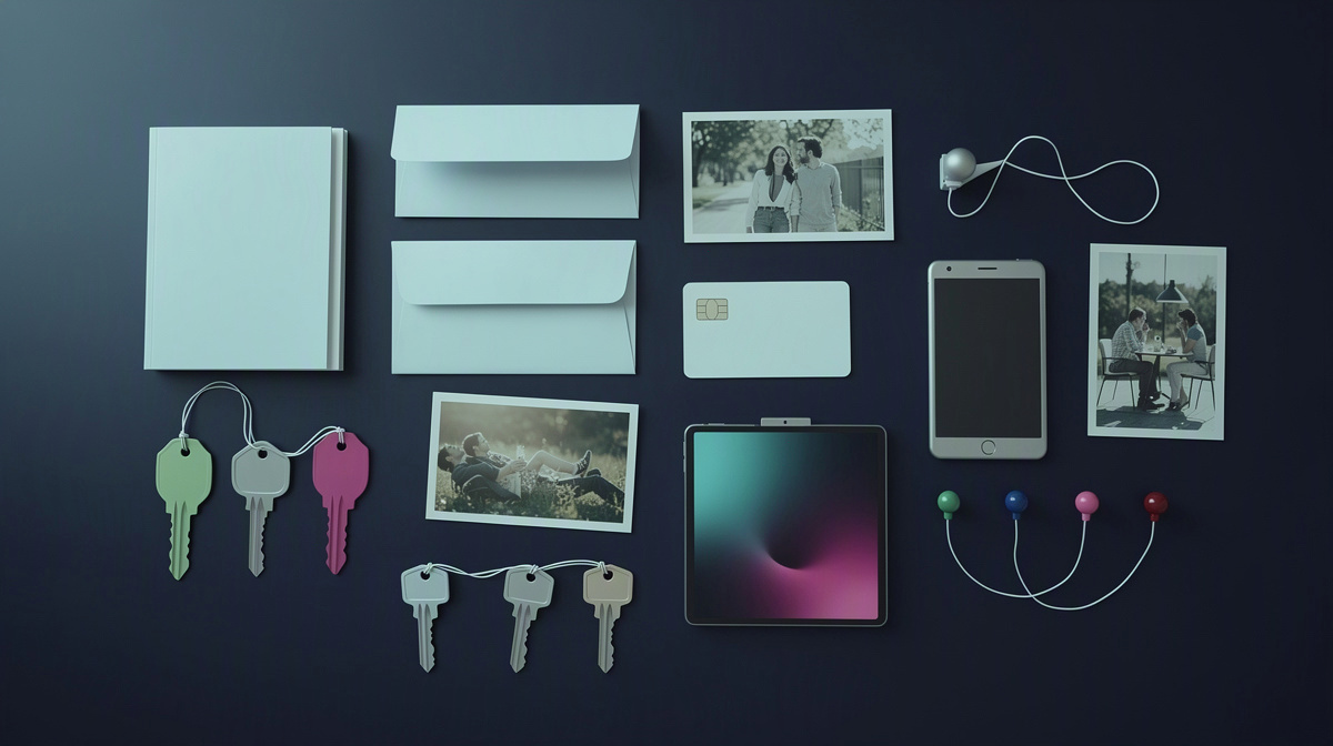 Overhead table with blank cards, envelopes, photos, and linked pins showing connections.
