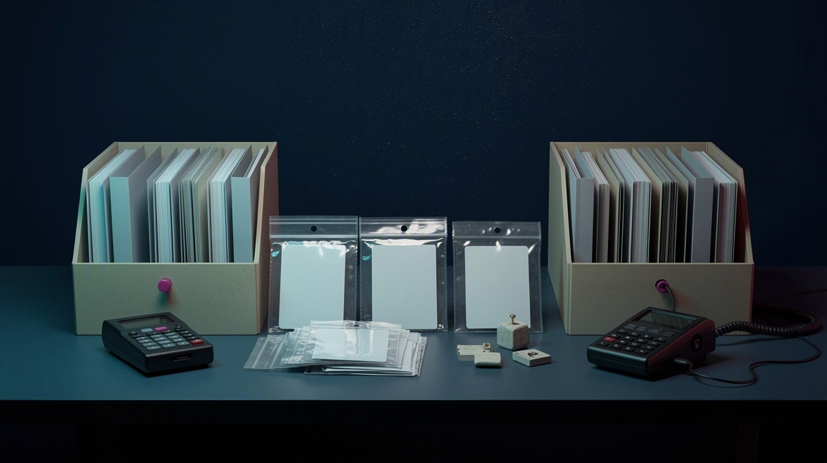 Archive room with folders, sleeves, a dark phone, and preserved items in careful order.