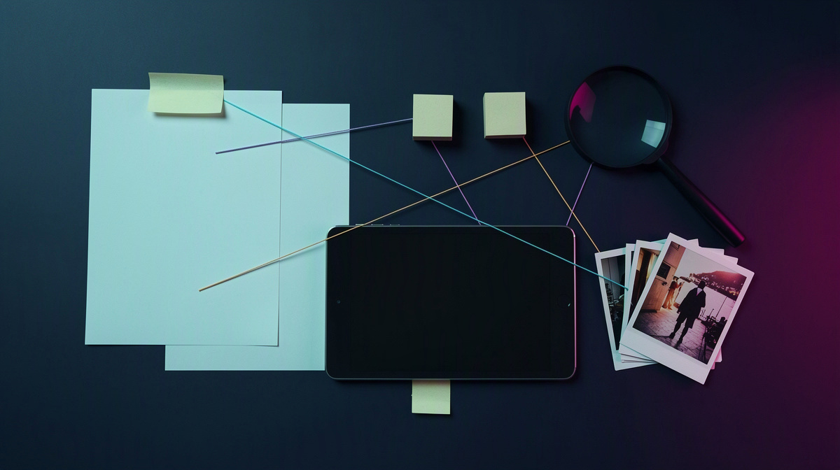 Overhead table with blank documents and objects connected by colored strings.