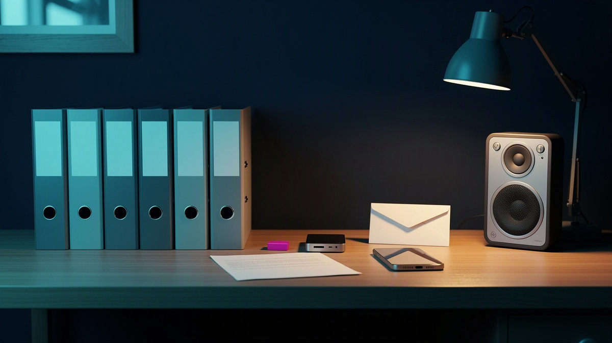 Orderly archive desk with blank folders, phone, and storage device in mixed warm and cool light.