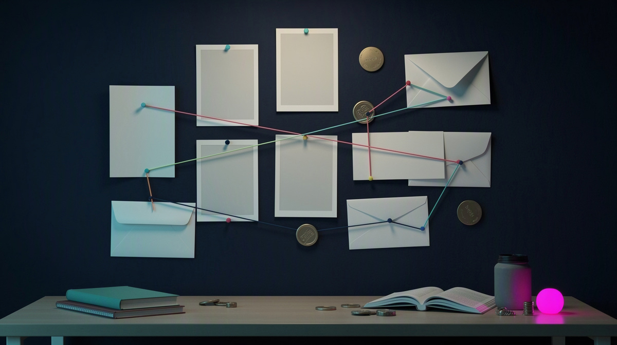 Blank photos, cards, and envelopes linked by colored strings on a clean board and table.