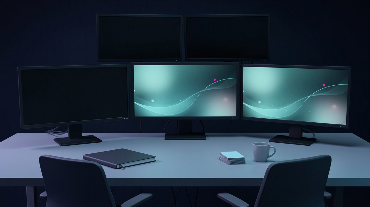 Two analysts in a calm operations room facing dark monitors with abstract glowing network patterns.
