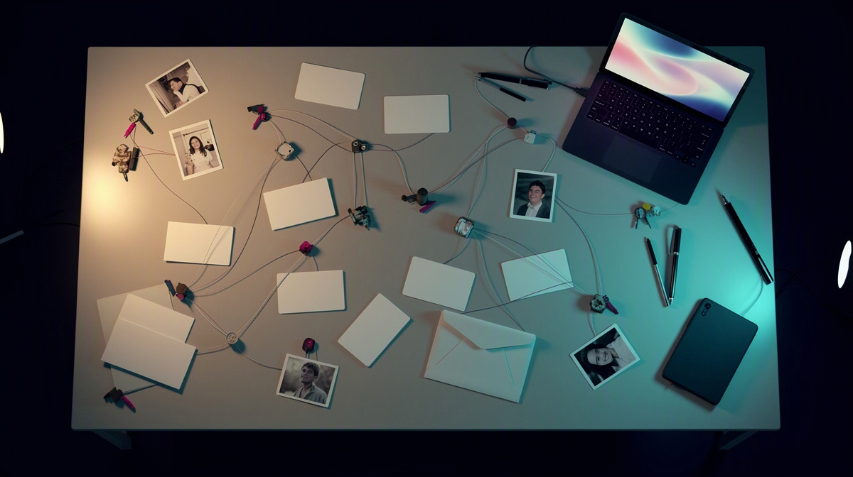 Overhead table with linked cards, envelopes, and clustered objects