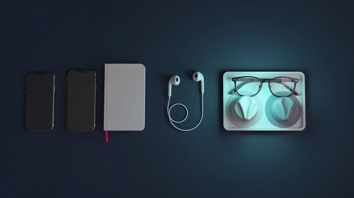 Plain phones and simple disguise props on a tidy table beside a softly glowing laptop.