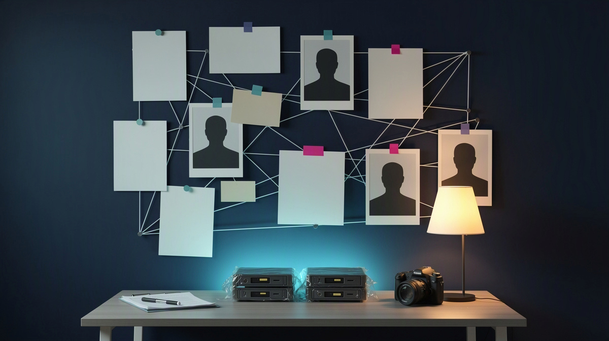 Blank photos and cards connected by string on an orderly office evidence wall.