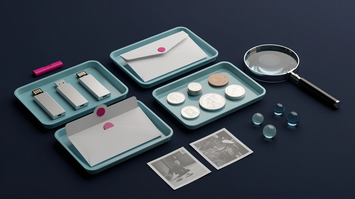 Tabletop with sorted objects, envelopes, and a magnifying glass