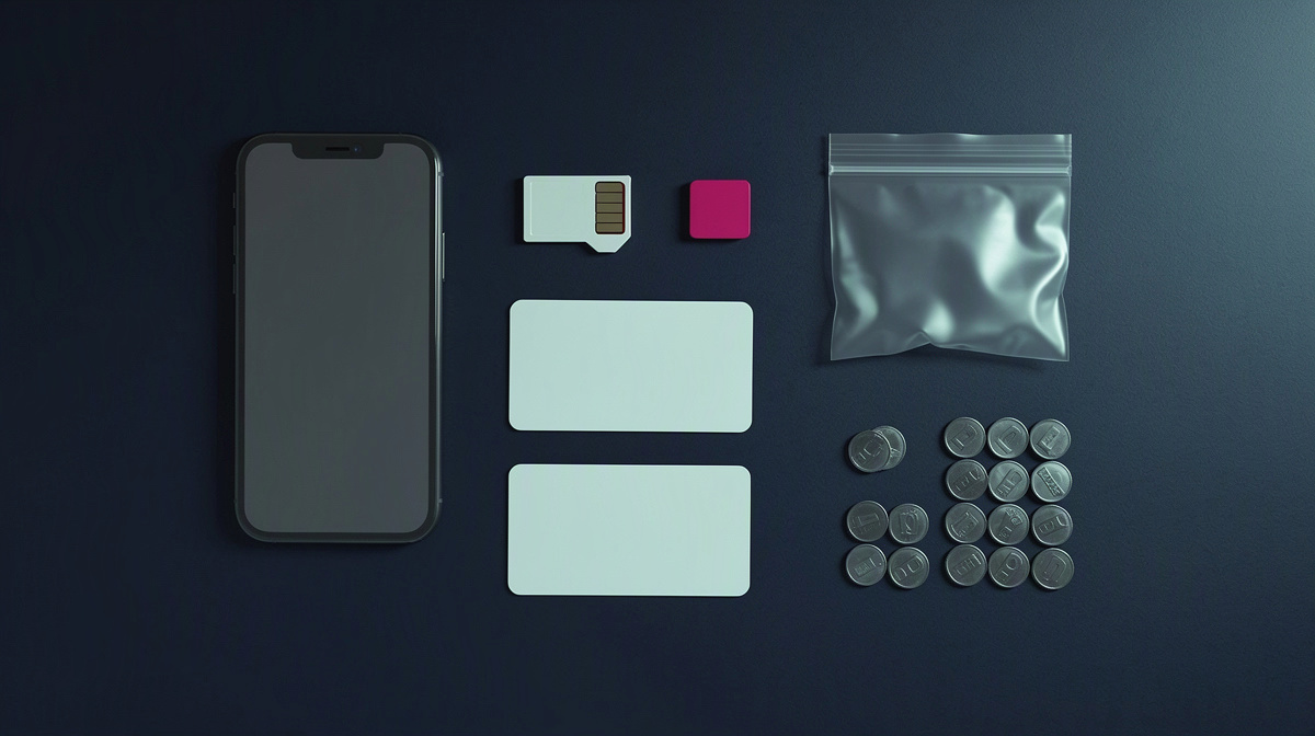 Overhead view of neutral evidence items grouped for careful assessment