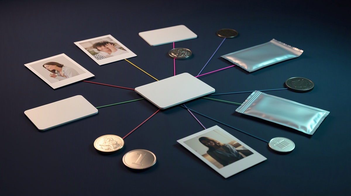 Connected objects on a table illustrating linkage from one wallet to one actor