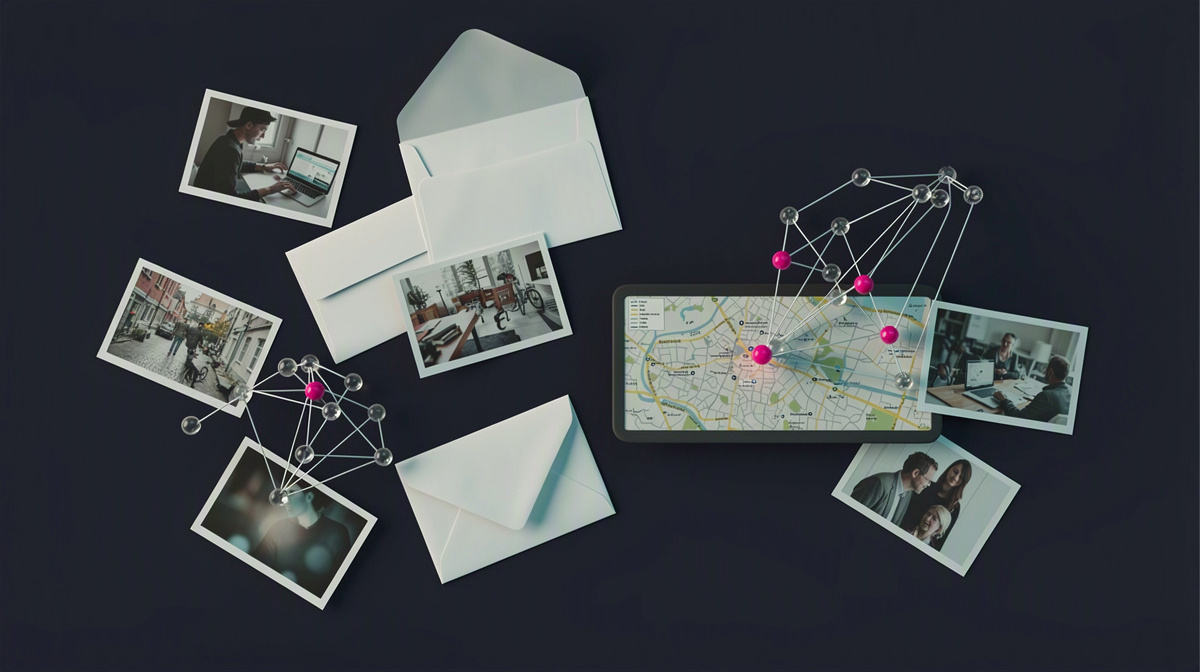 Photos and objects connected by thread to show relationships between clues