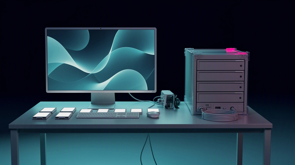 Plain monitor, storage cards, and cable in a clean workspace beside servers